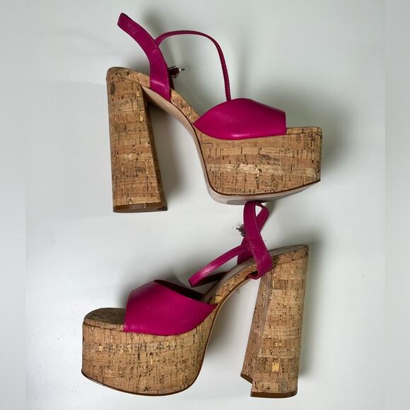 SCHUTZ Pink Leather Glayce Ankle Strap Buckle Platform Cork Sandal Heels 6.5 - Picture 5 of 9